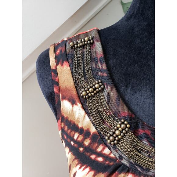 New Directions Top Blouse Women's PS Multi Geo Print Pearl & Jeweled Round Neck - Picture 9 of 11